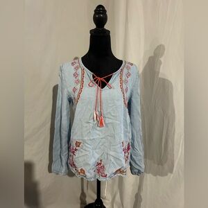 Neiman Marcus peasant boho embroidered tencel top medium Blue spring